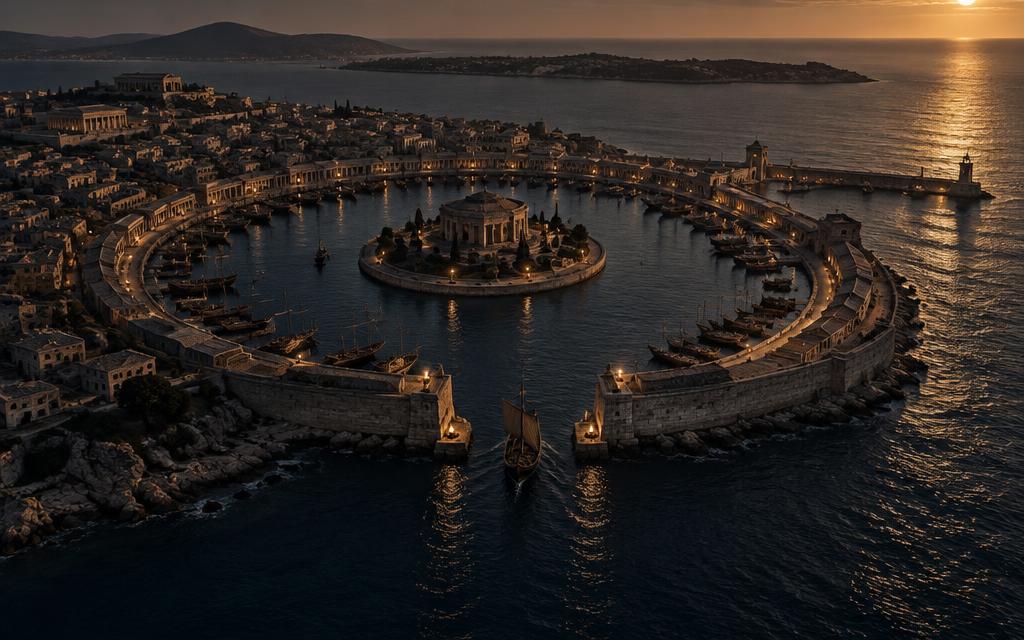 An ancient Mediterranean circular harbor in warm dusk light