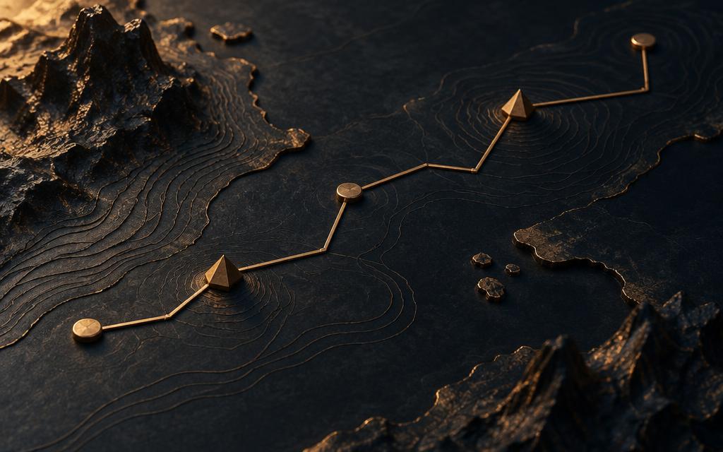A bronze route mapped across a dark topographic surface