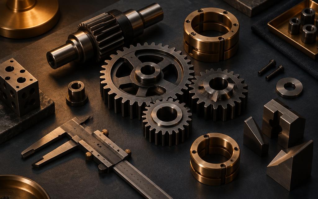 Precision tools and interlocking metal components on a dark workbench